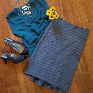 Pinstripe wool blend gray pencil skirt kick pleat